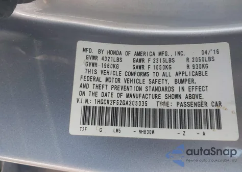 2016 Honda Accord Sport из США, поврежденный, VIN 1HGCR2F52GA205035